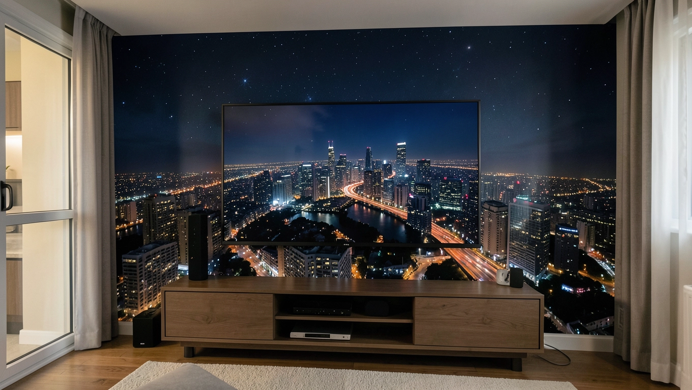 Fototapeta za telewizorem w salonie