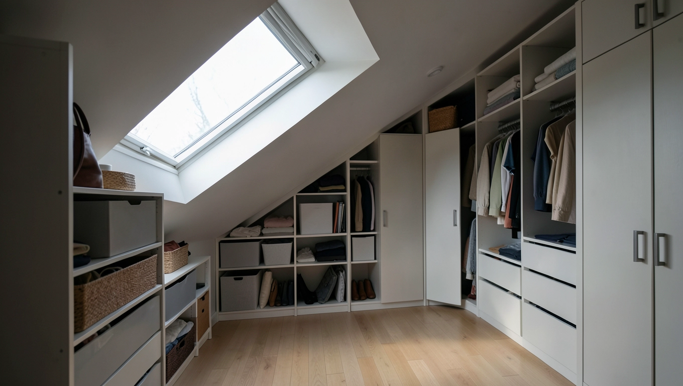 Garderoba z oknem pod skosami