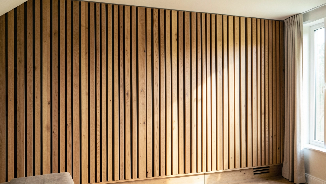 Lamelle drewniane w zabudowie ściany salon