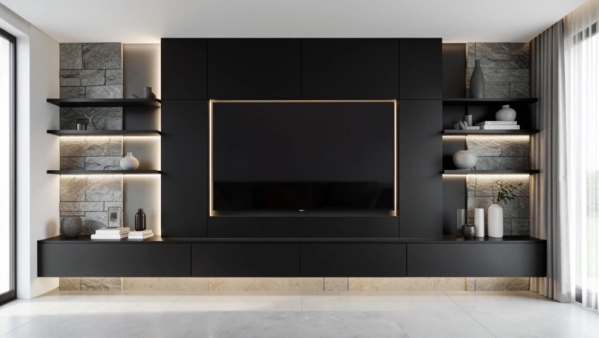 nowoczesna ściana telewizyjna w salonie 2025