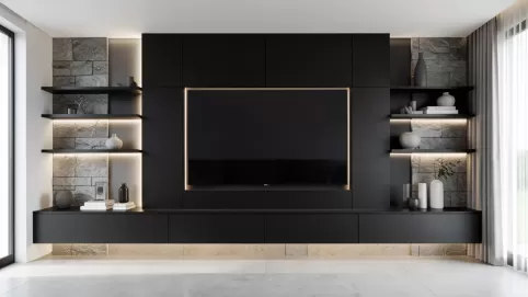 nowoczesna ściana telewizyjna w salonie 2025