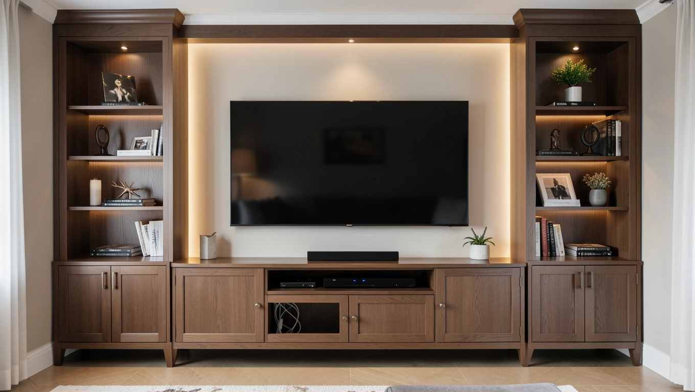 Zabudowa ściany pod TV w salonie